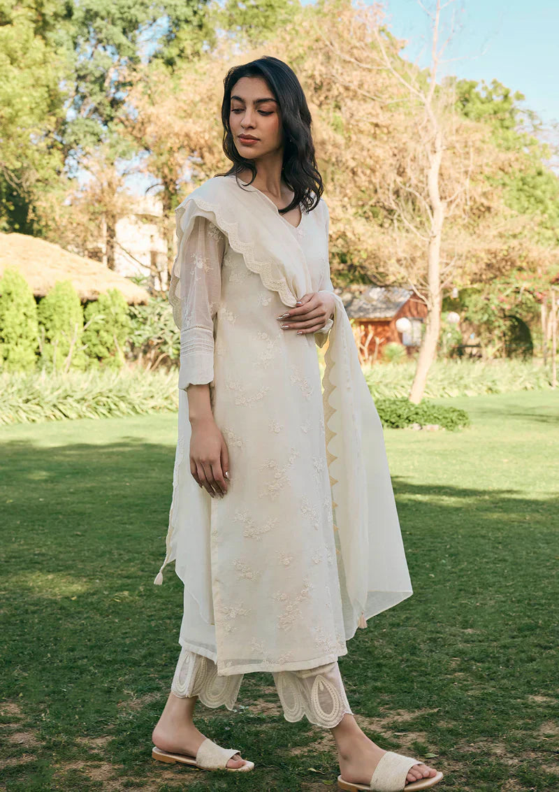 Cotton Embroidery V-neck Ecru Kurta Set