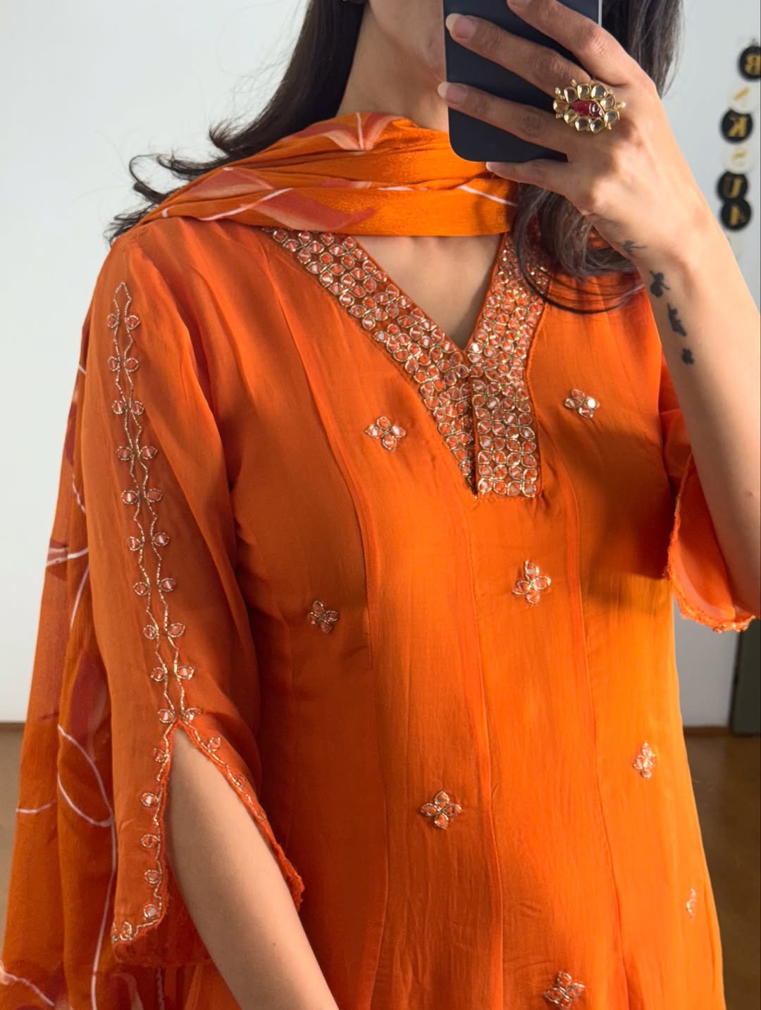 Mirror embroidered Anarkali pants set with hand painted dupatta