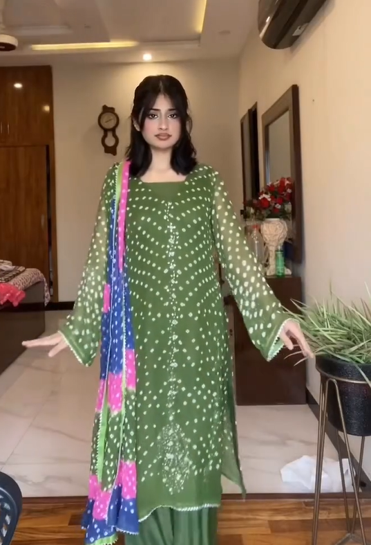 Designer Green Bandhani Print Kurti For Women