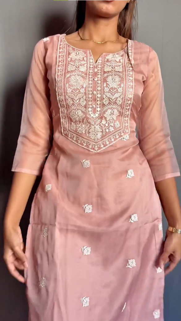 Women Ethnic Motifs EmBlush Pink Cotton Straight Kurta Set