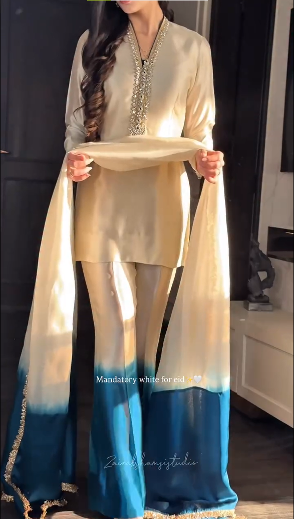 Beige Tissue & Organza Zari Embroidered Fringe Kurta Gharara Set