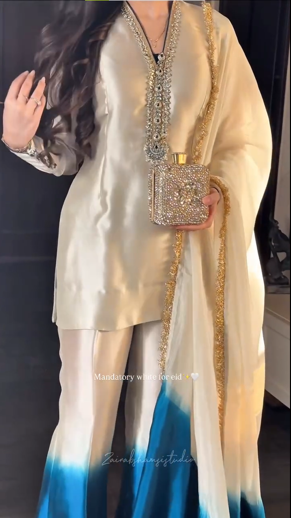 Beige Tissue & Organza Zari Embroidered Fringe Kurta Gharara Set